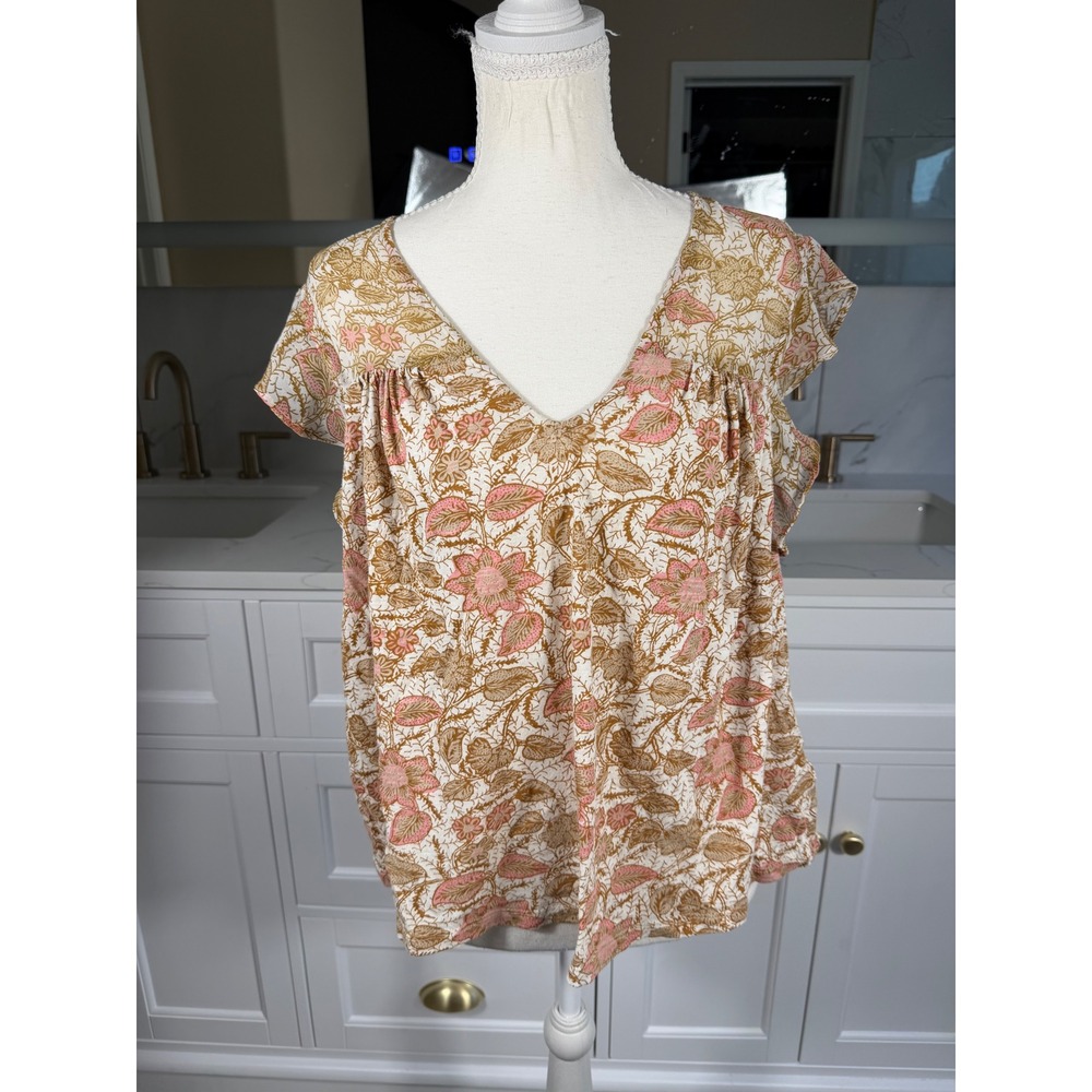 Lucky Brand Floral Top Womens Large Pink Tan Flutter Sleeve V Neck Boho - Picture 1 of 12